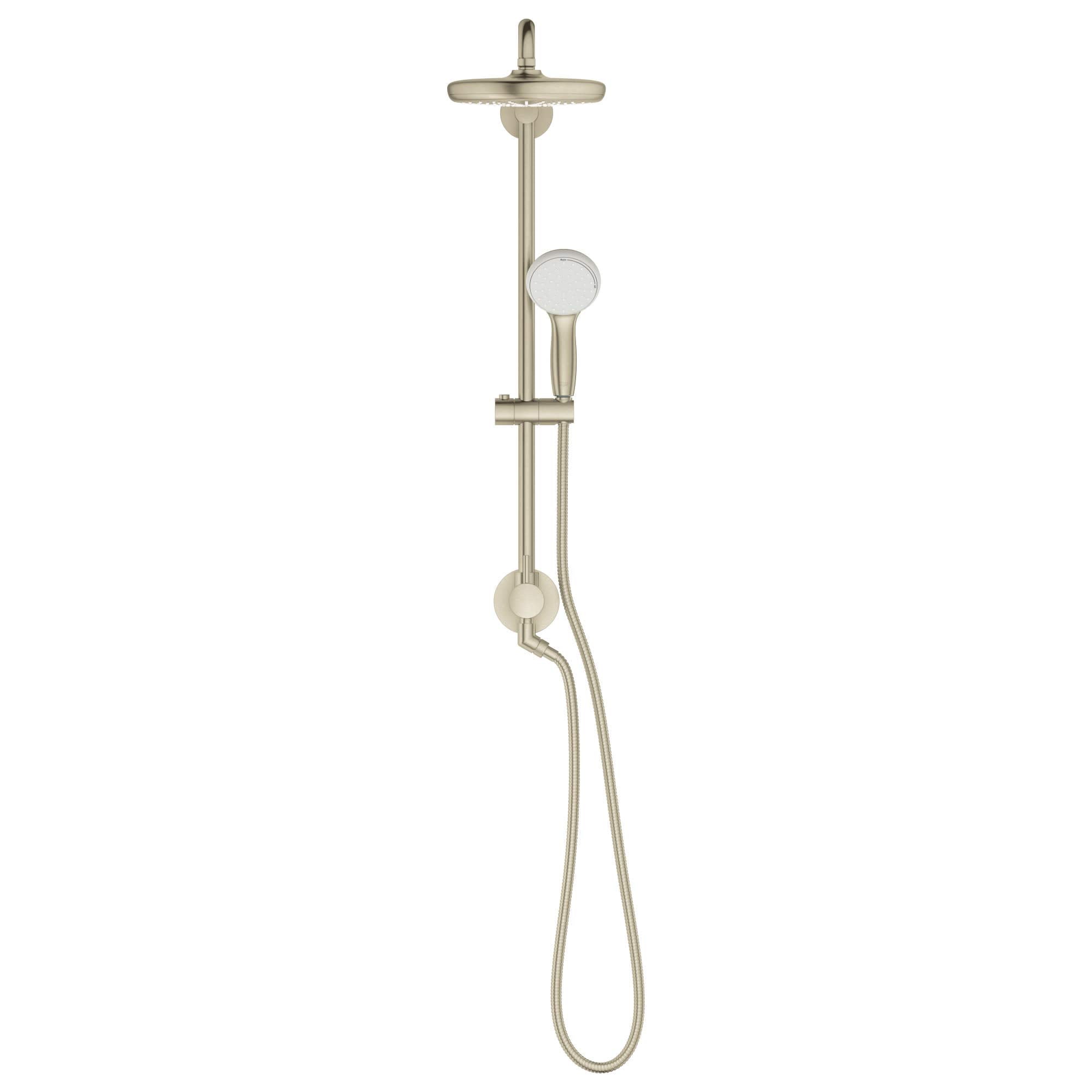 Grohe chrome shower system with overhead rain showerhead, handheld spray, slide bar, and hose.