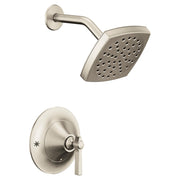 Brushed nickel shower trim kit with square showerhead, curved arm, and single-handle valve control.