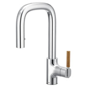 Chrome single-handle pulldown bar faucet with curved spout and wooden lever handle.