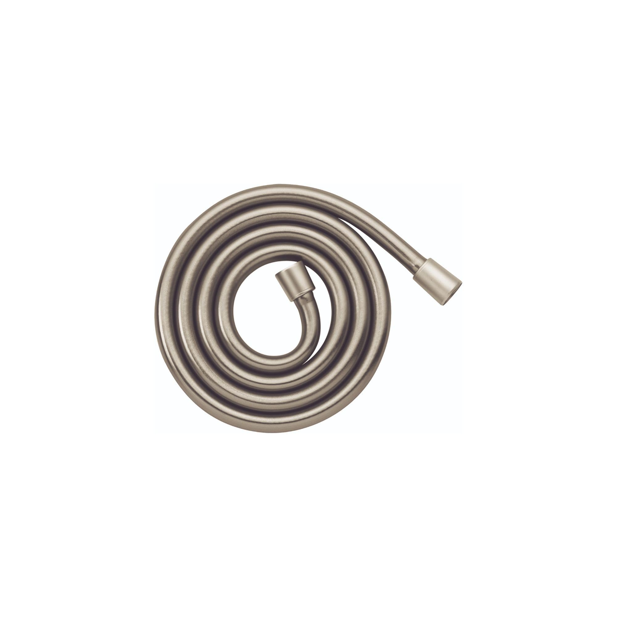 Brushed nickel shower hose coiled in spiral formation with connector end visible.