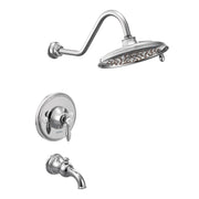 Chrome tub and shower trim kit with 9-inch rainshower head, curved arm, valve trim, and tub spout.