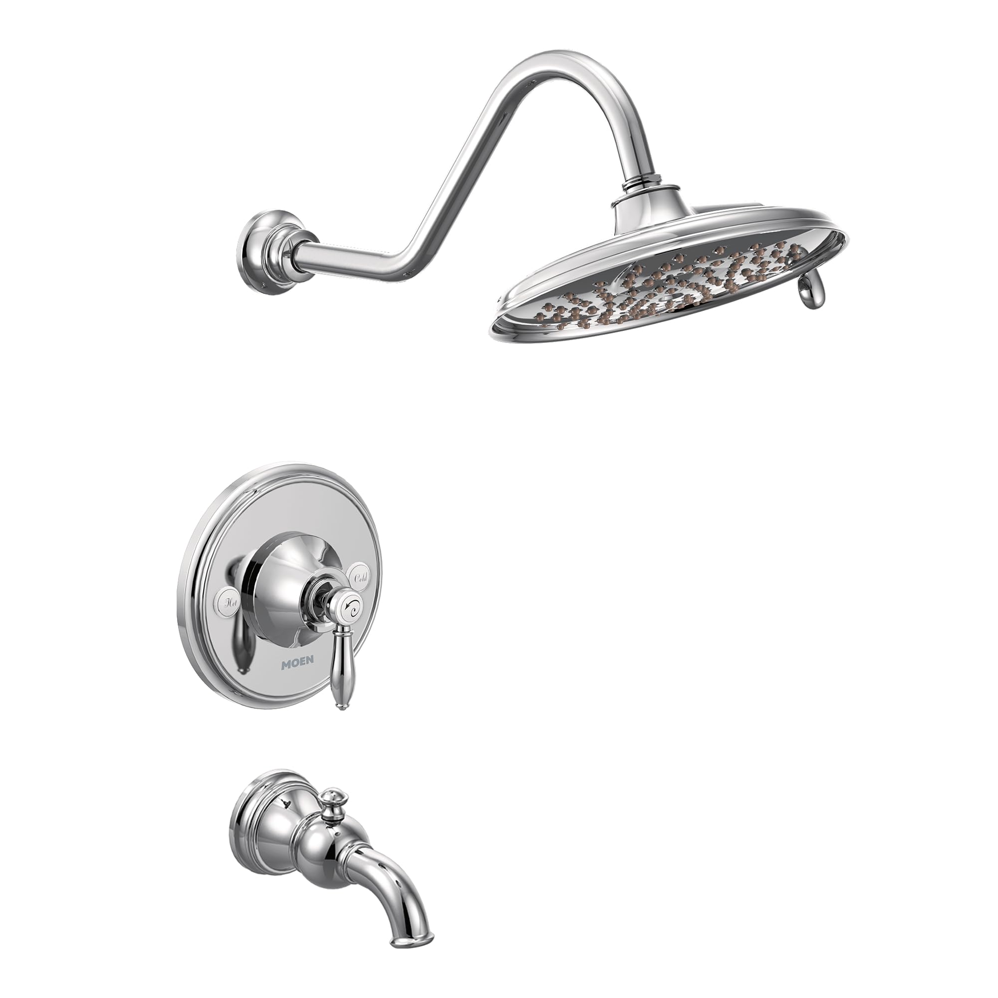 Chrome tub and shower trim kit with 9-inch rainshower head, curved arm, valve trim, and tub spout.
