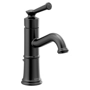 Matte black single-handle bathroom sink faucet with curved spout and lever handle.