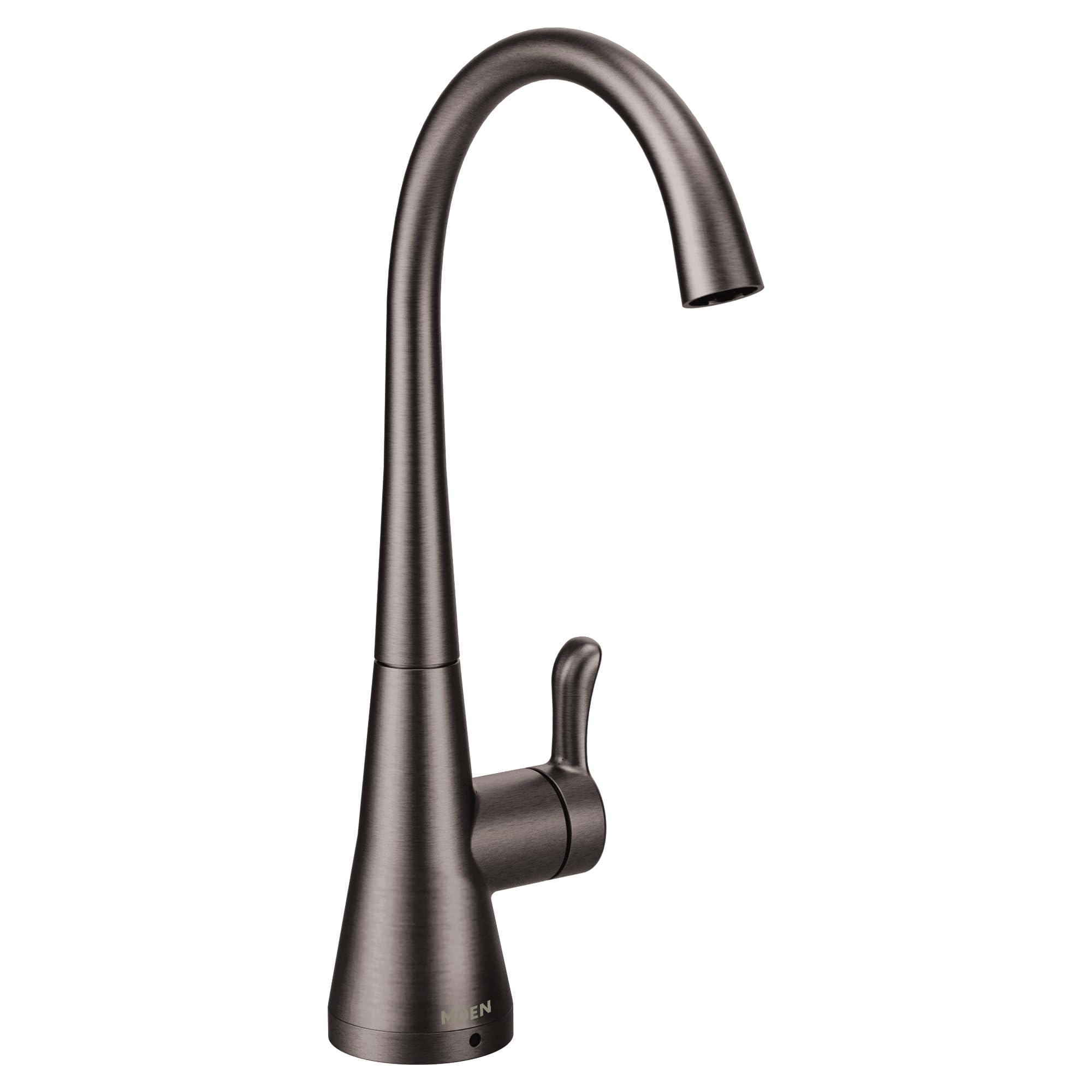 Black stainless steel kitchen faucet with curved spout and single lever handle.