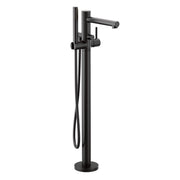 Matte black freestanding tub filler with single handle, curved spout, and attached handshower with hose.