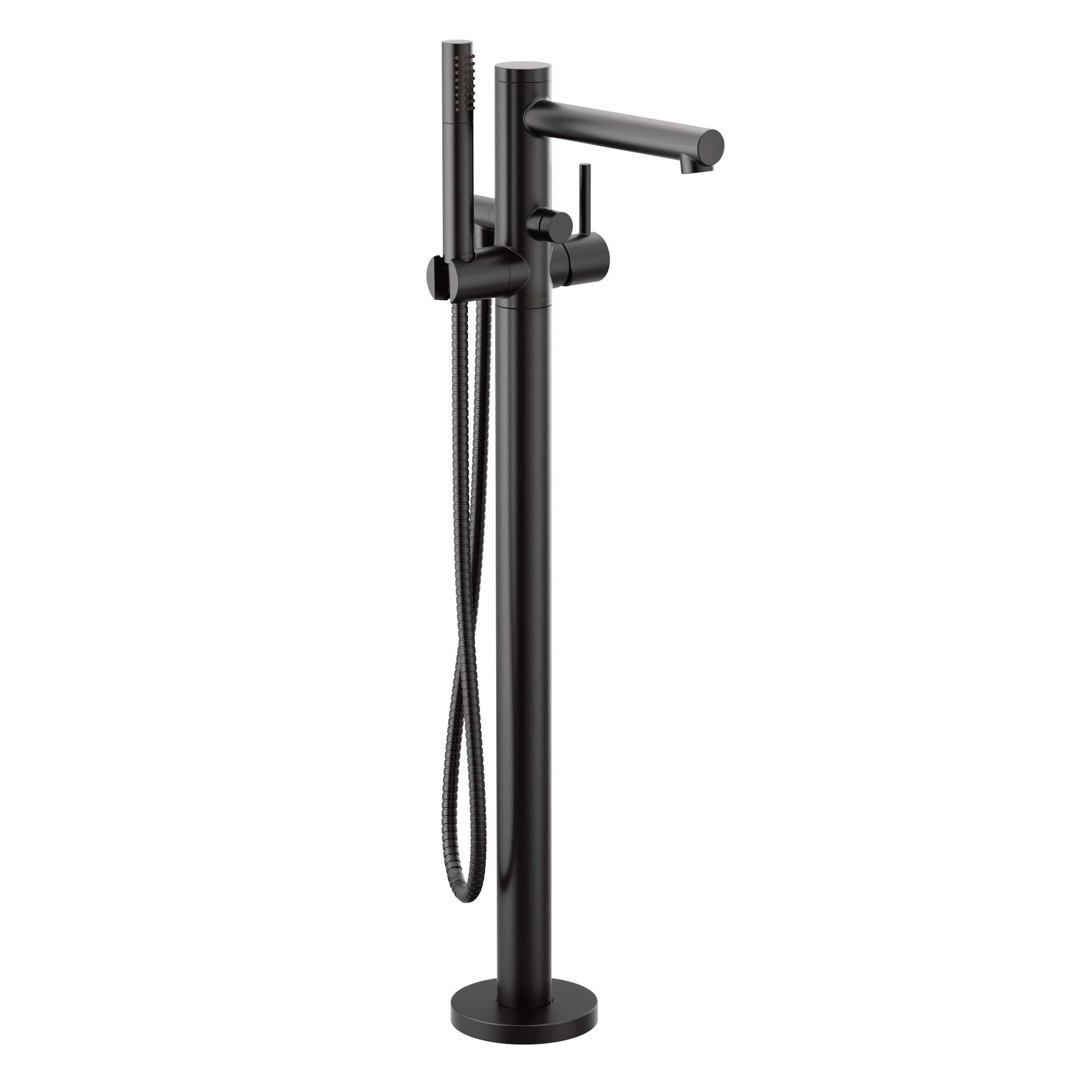 Matte black freestanding tub filler with single handle, curved spout, and attached handshower with hose.