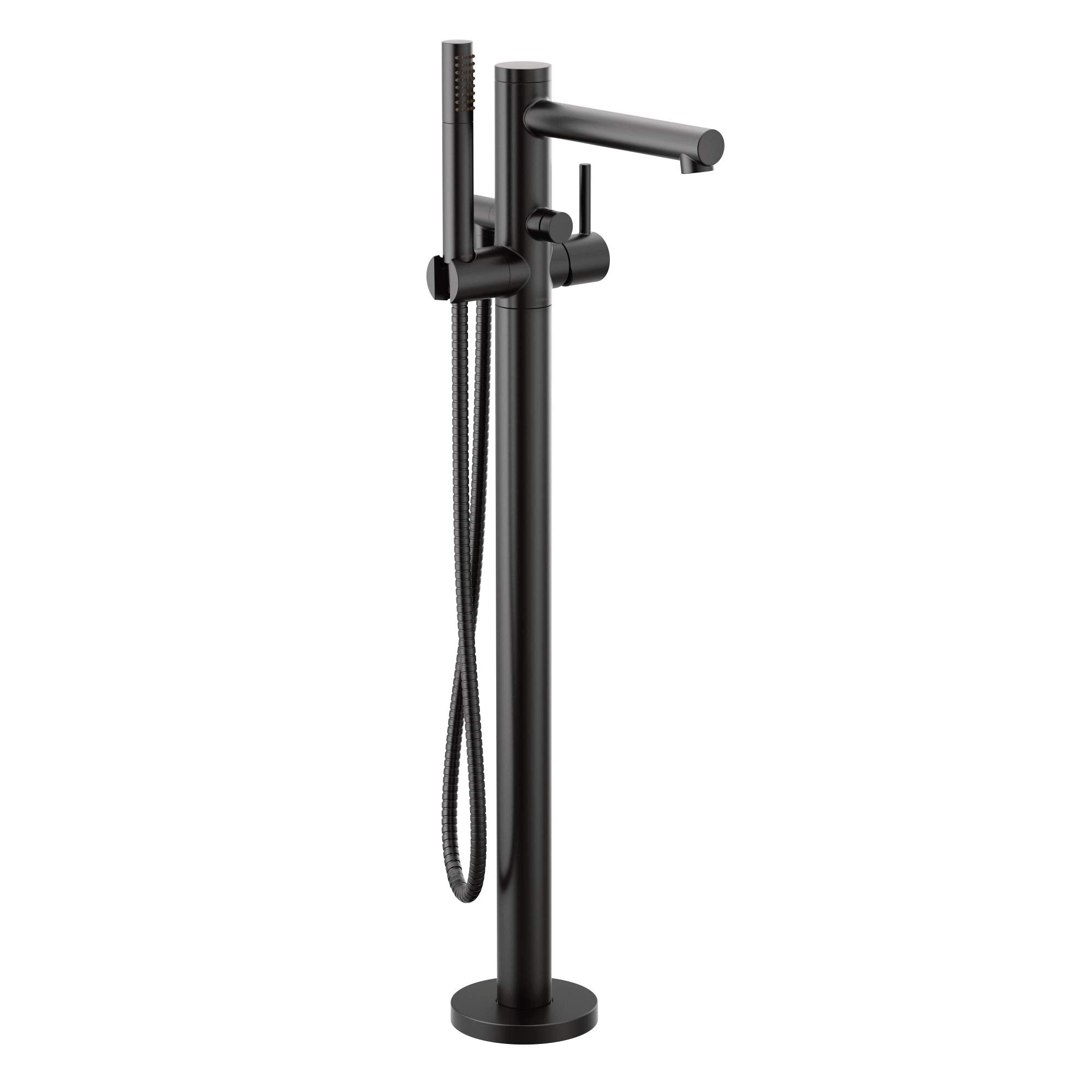 Matte black freestanding tub filler with single handle, curved spout, and attached handshower with hose.