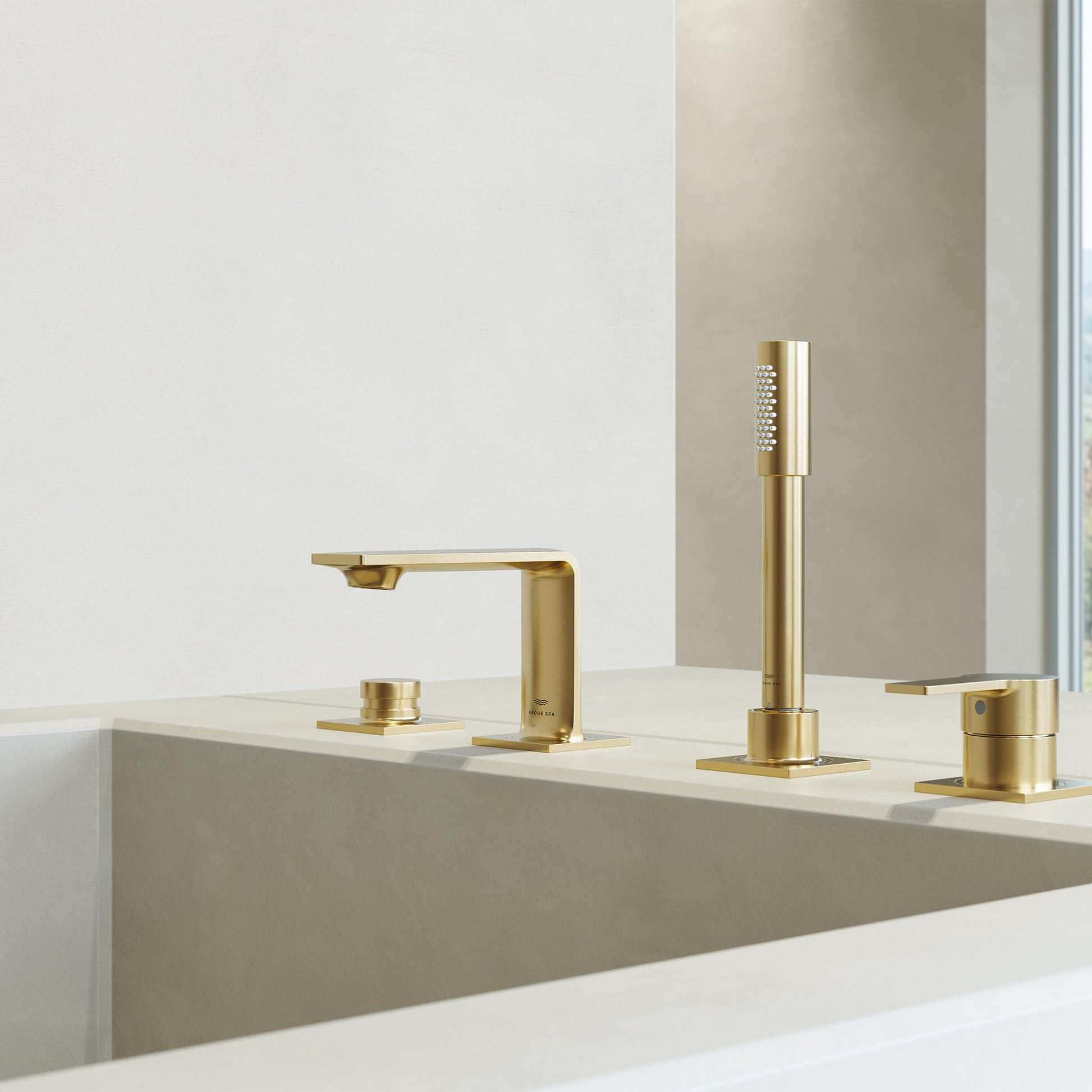 Four-piece brushed nickel roman tub faucet set with single handle, spout, hand shower, and valve controls mounted on bathtub 
