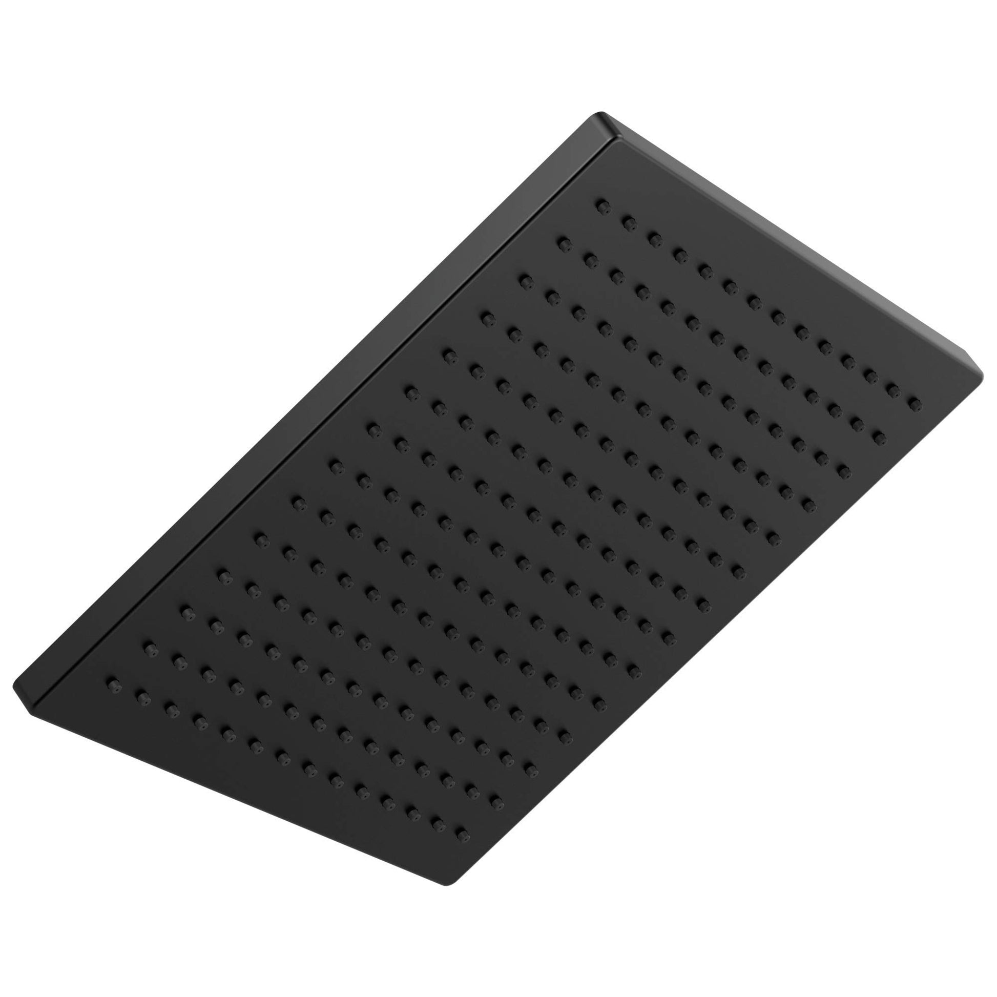 Square black metal raincan shower head with multiple small spray holes across its surface.