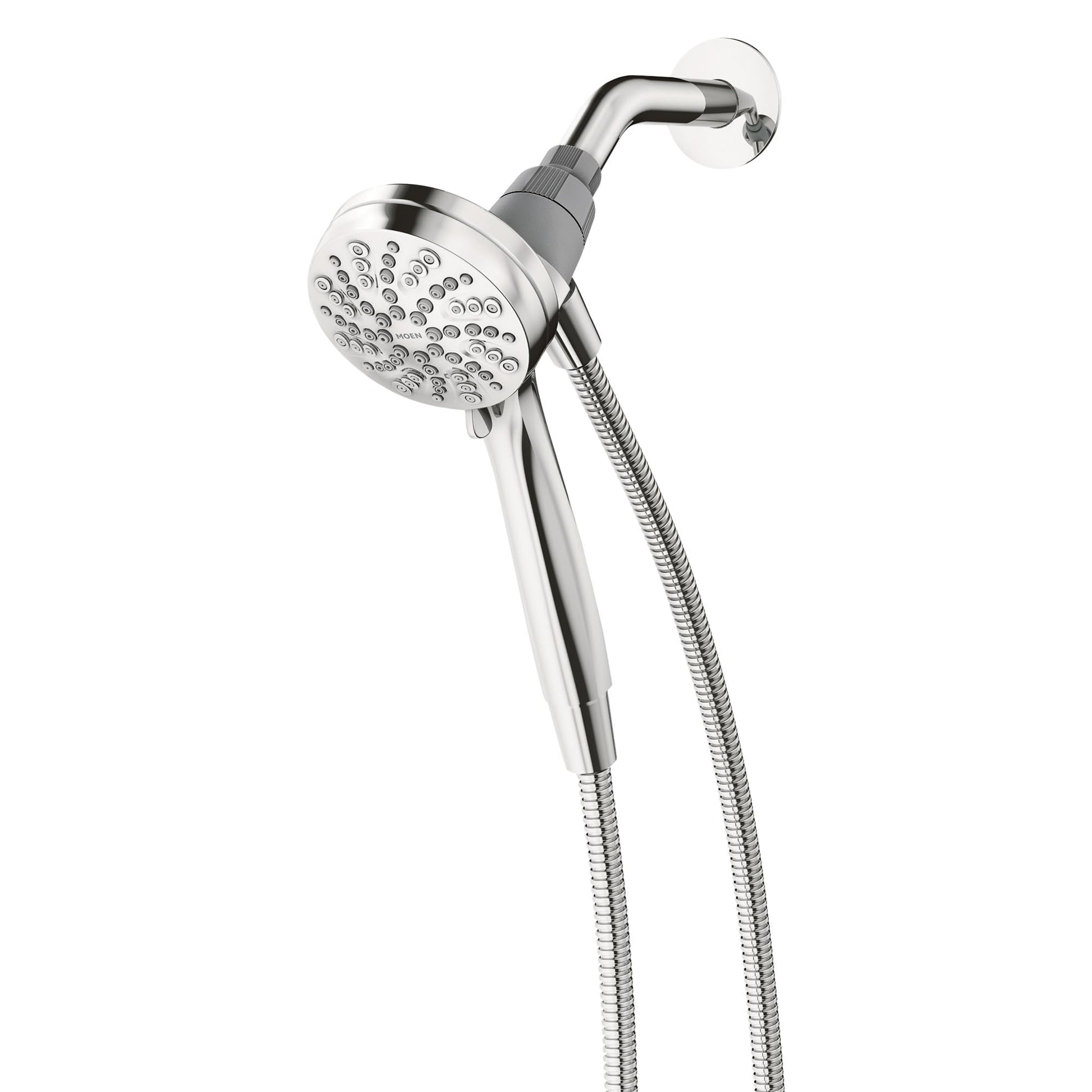 Chrome hand shower with circular showerhead, curved arm, and flexible hose with gray grip handle.
