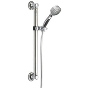 Chrome hand shower with perforated head on adjustable slide bar with wall-mounted bracket and hose connection.