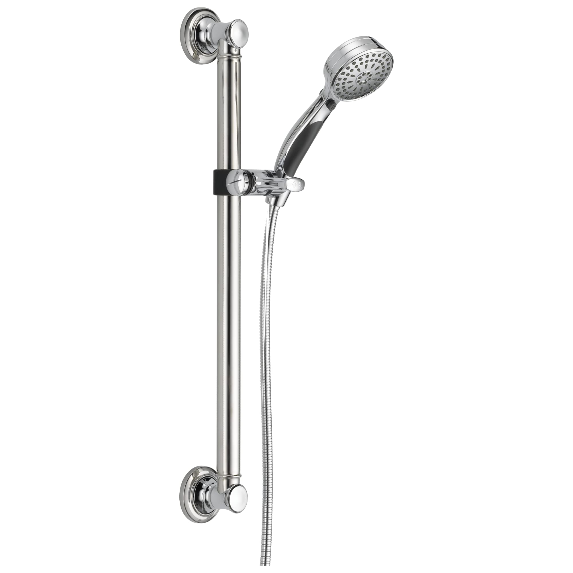 Chrome hand shower with perforated head on adjustable slide bar with wall-mounted bracket and hose connection.