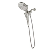 Brushed nickel shower system with 7-inch round head, handheld spray, and flexible hose on wall mount.