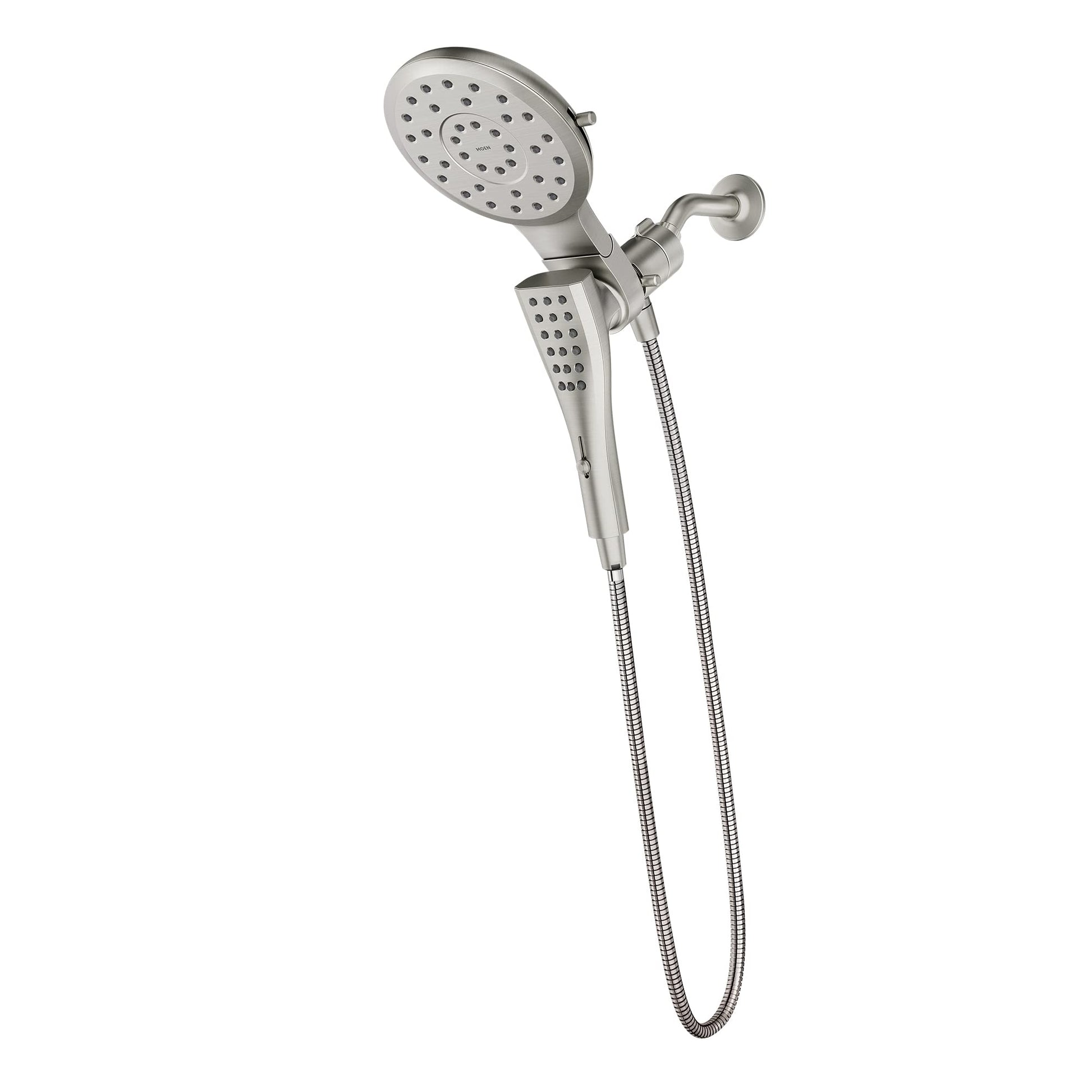 Brushed nickel shower system with 7-inch round head, handheld spray, and flexible hose on wall mount.
