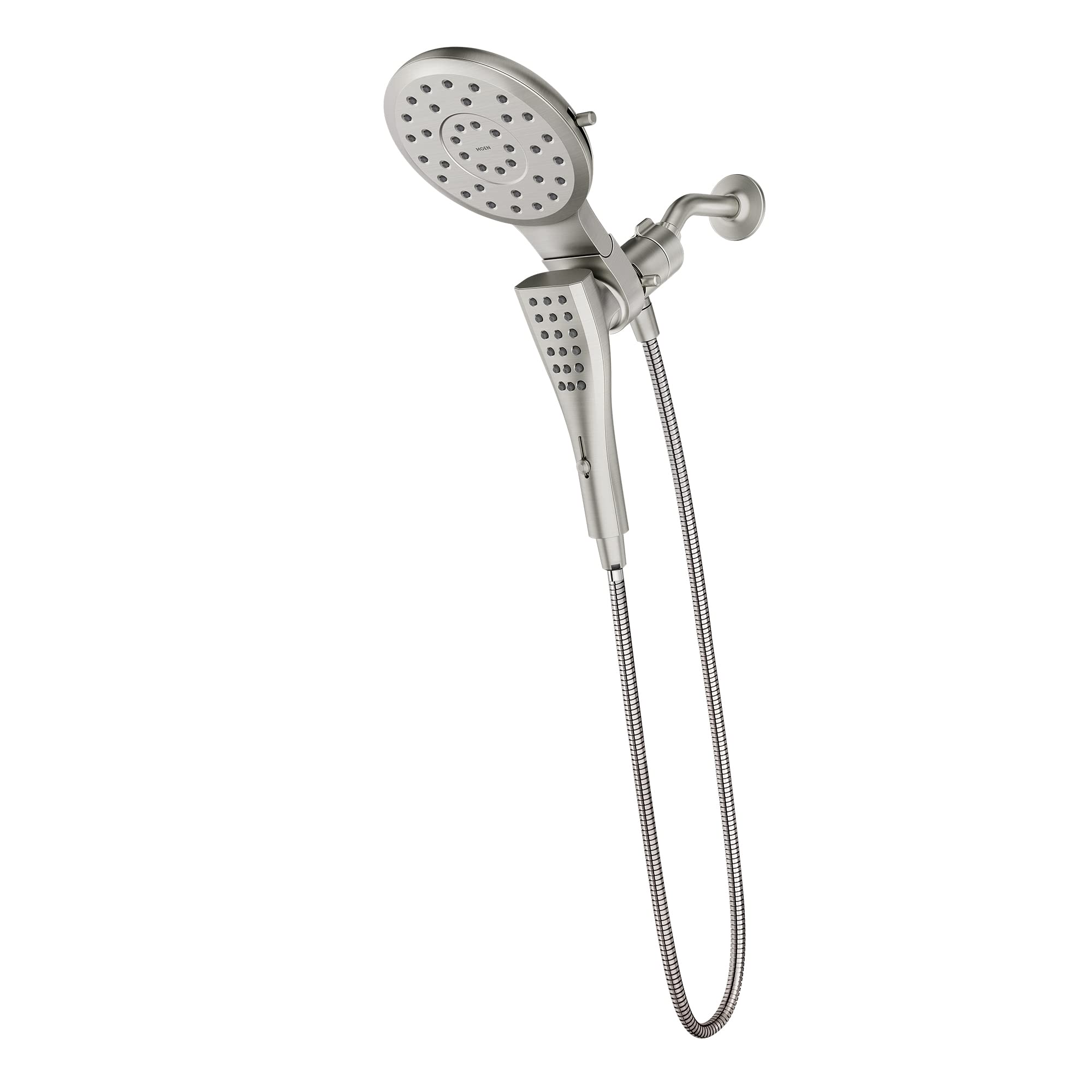 Brushed nickel shower system with 7-inch round head, handheld spray, and flexible hose on wall mount.