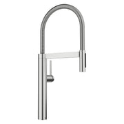 Stainless steel pull-down kitchen faucet with high arched spout and flexible hose, side lever control.