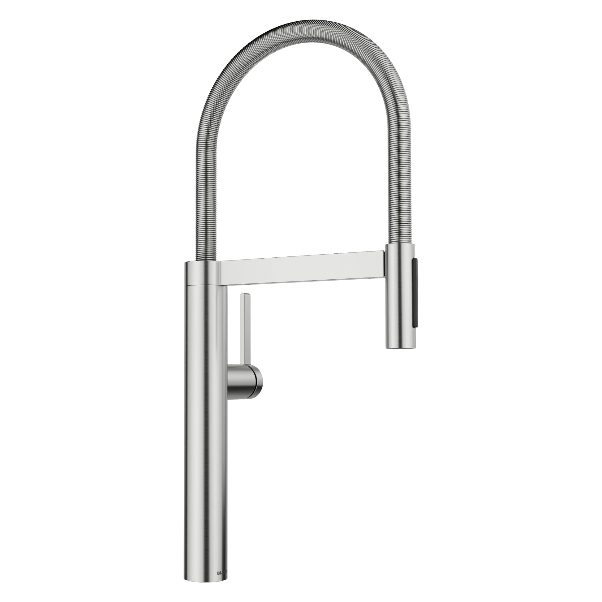 Stainless steel pull-down kitchen faucet with high arched spout and flexible hose, side lever control.