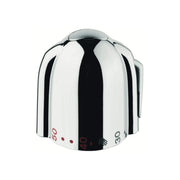 Chrome temperature control handle with black stripe and temperature markings, rounded dome shape with side lever.