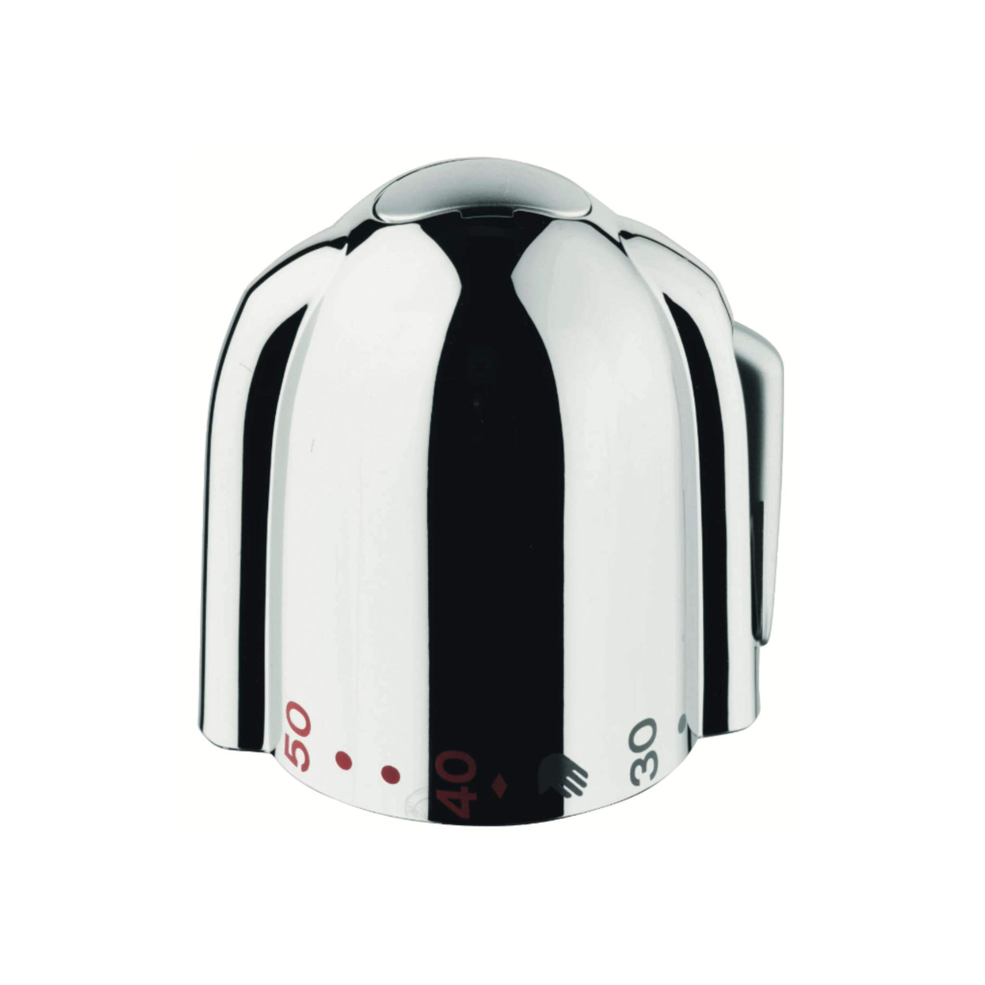 Chrome temperature control handle with black stripe and temperature markings, rounded dome shape with side lever.