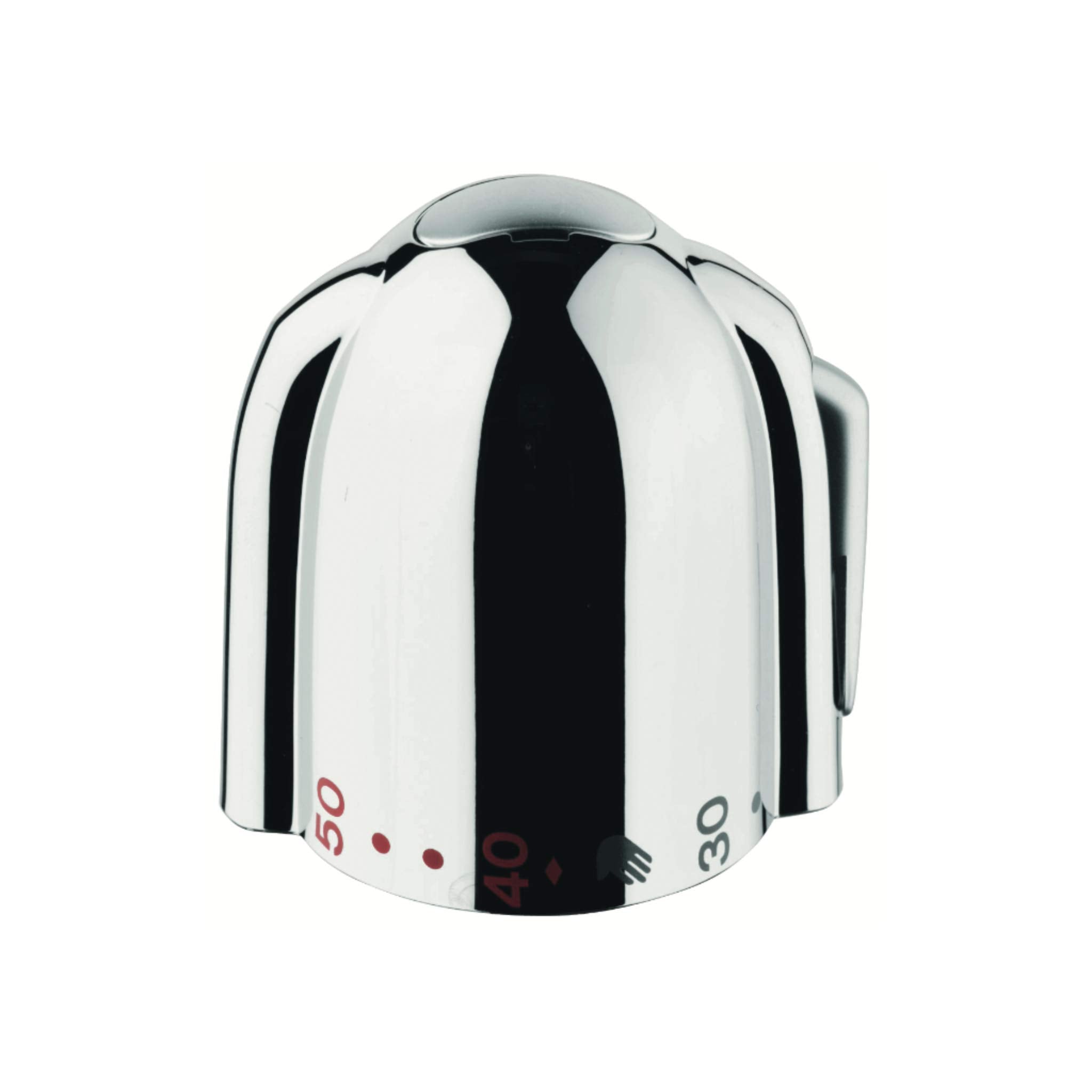 Chrome temperature control handle with black stripe and temperature markings, rounded dome shape with side lever.