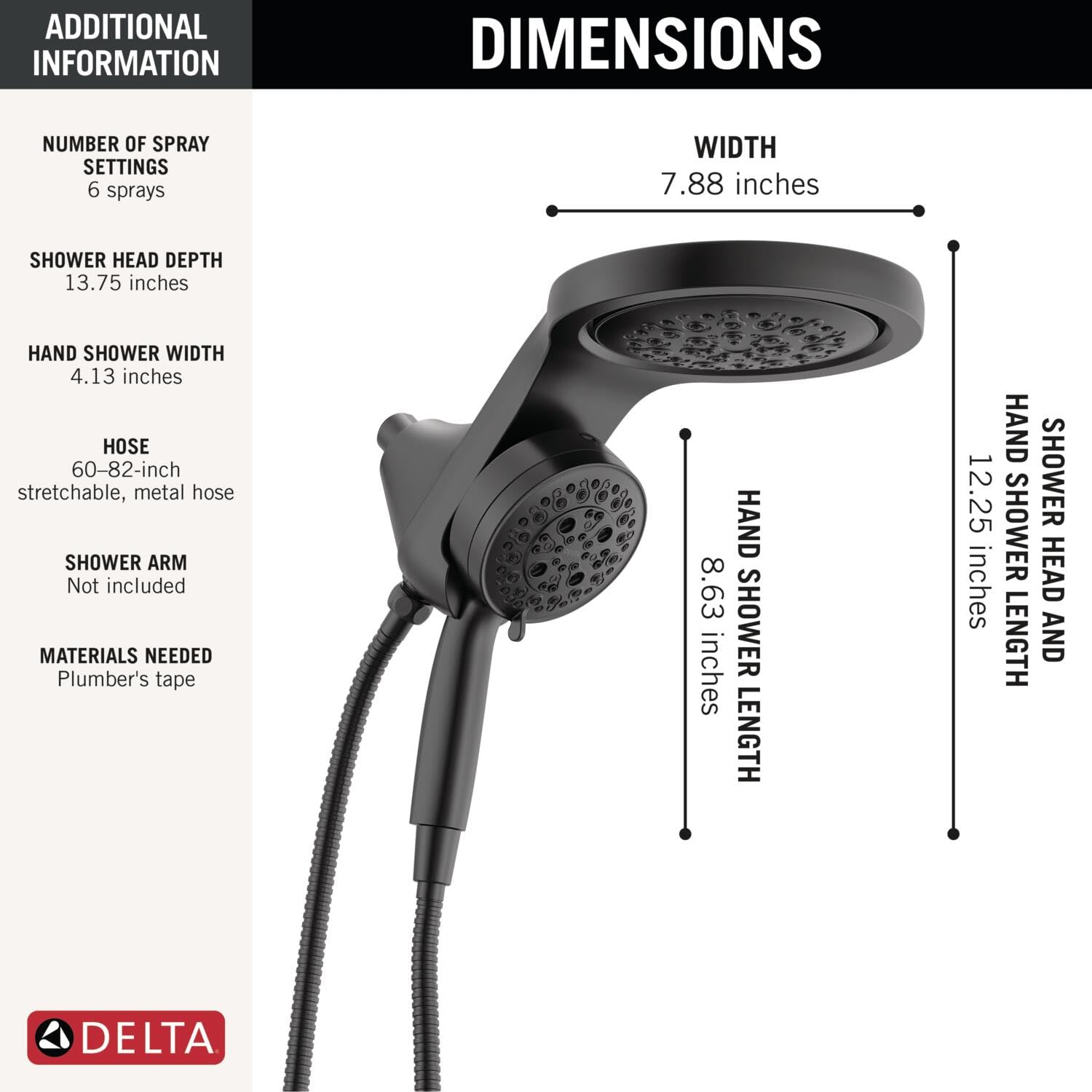 Matte black Delta shower system with round overhead head and hand shower with multiple spray settings and flexible hose.