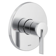 Chrome single-handle shower valve trim with circular escutcheon plate and lever handle.