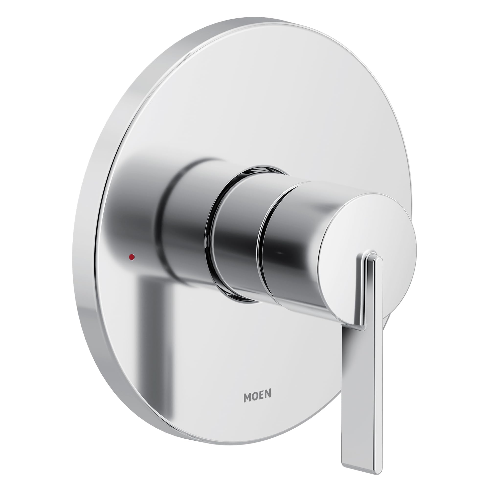 Chrome single-handle shower valve trim with circular escutcheon plate and lever handle.