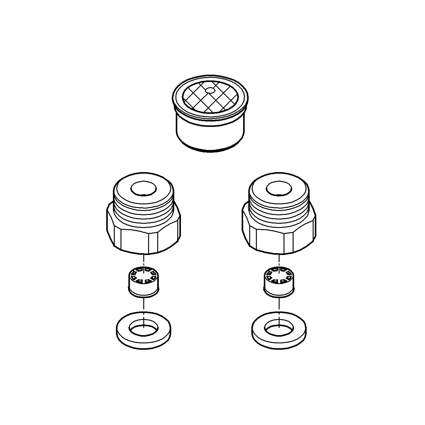 Grohe water-saving kit components including aerator with mesh screen, threaded connectors, flow restrictors, and washers.