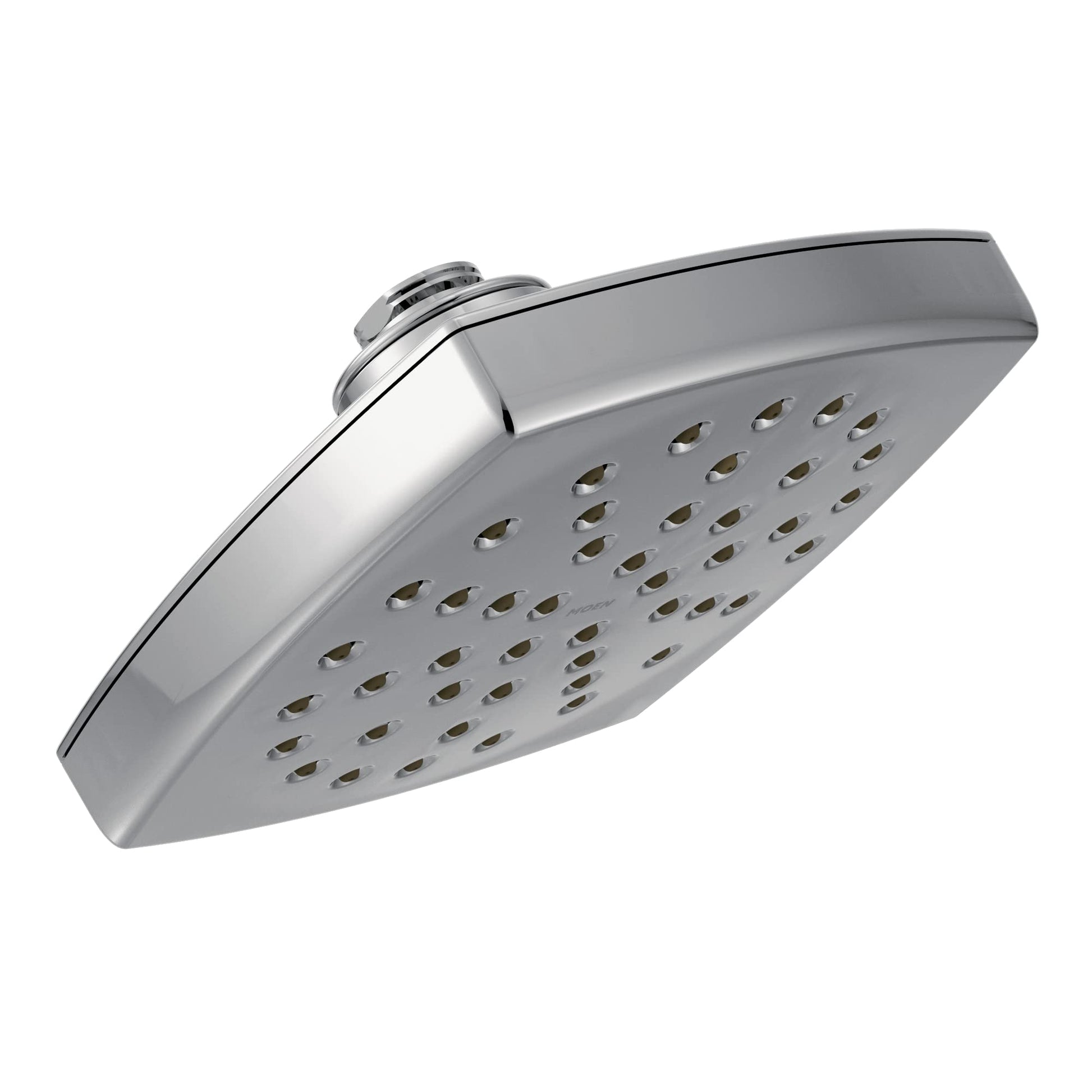 Chrome rainshower showerhead with square face and multiple spray holes, mounted on angled arm.