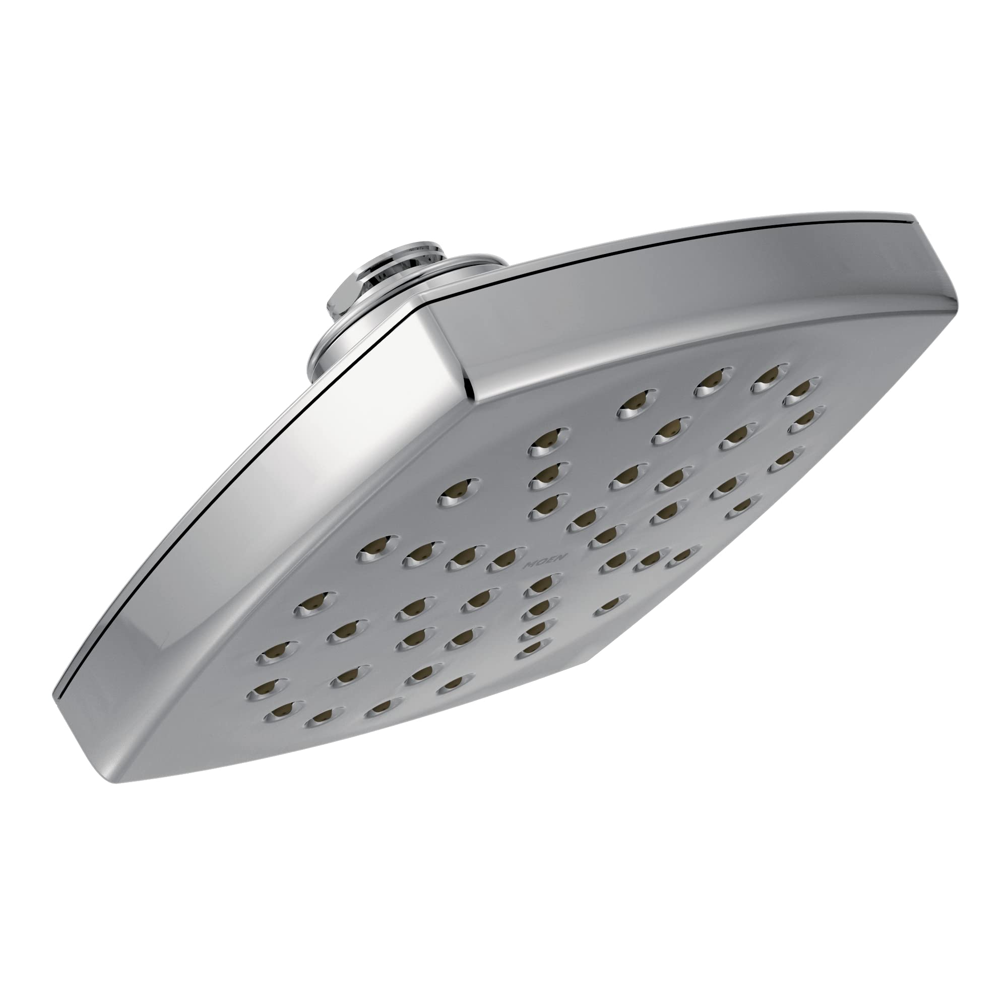 Chrome rainshower showerhead with square face and multiple spray holes, mounted on angled arm.