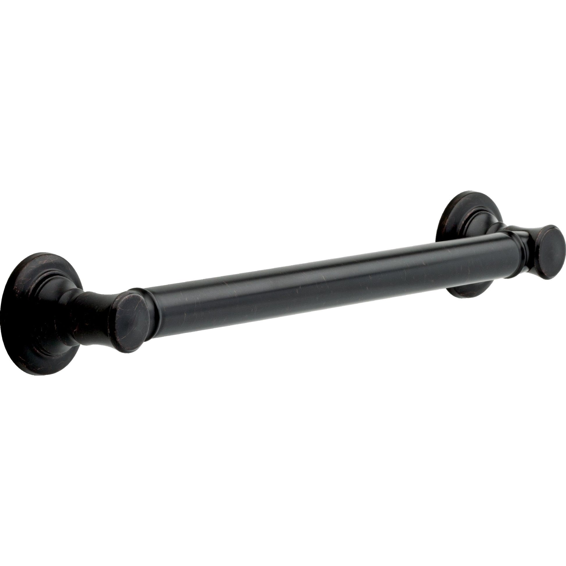 Black metal grab bar with circular mounting flanges on each end.