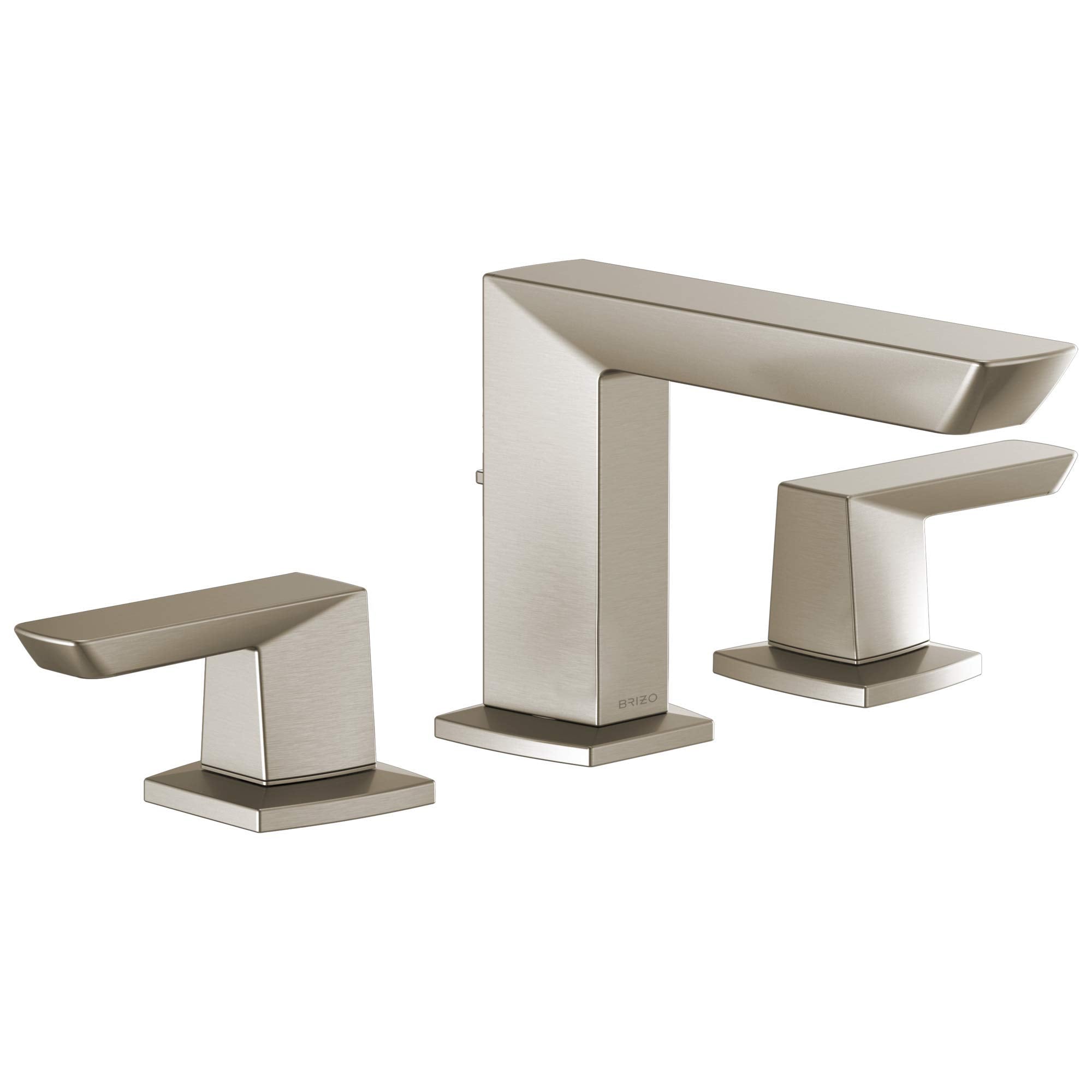 Brushed nickel three-piece widespread lavatory faucet with square handles and rectangular spout.