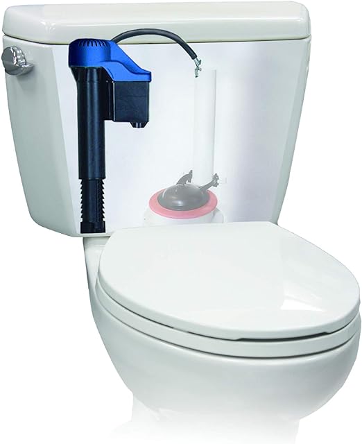 White toilet tank with blue fill valve assembly and pink flush valve visible inside tank.