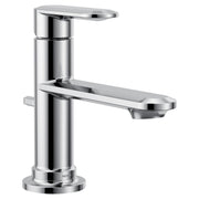 Chrome single-handle bathroom sink faucet with cylindrical body, curved spout, and round base.
