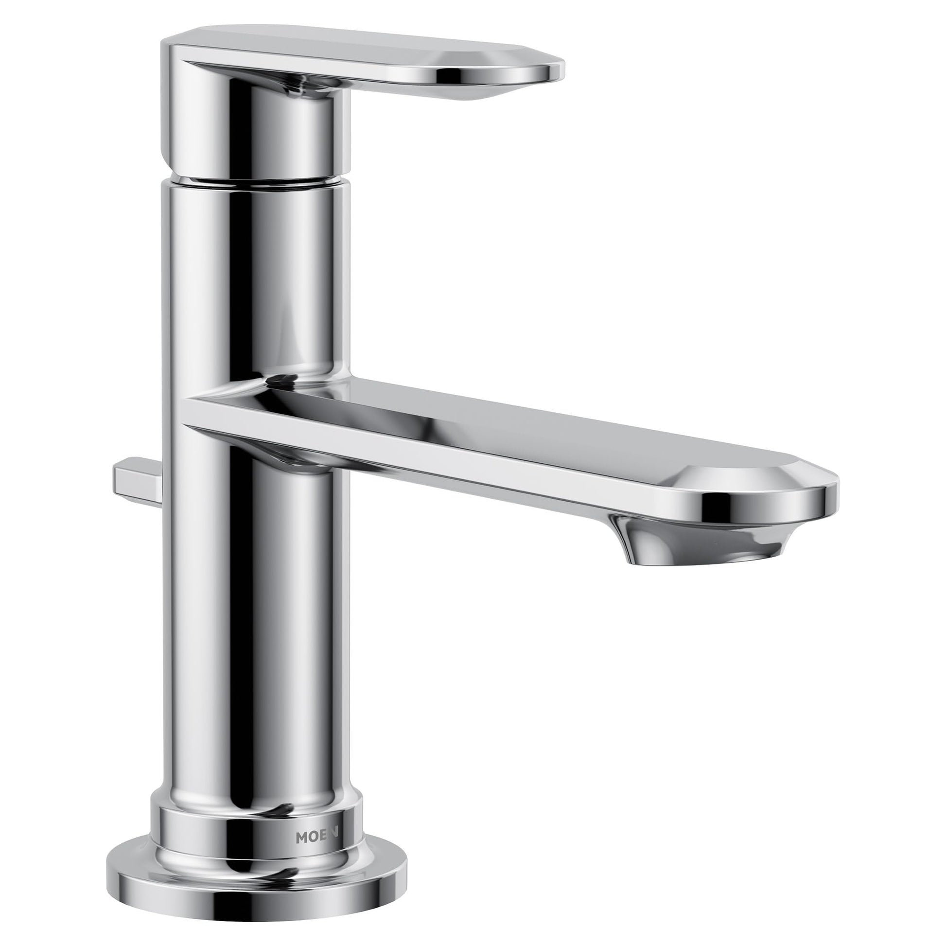 Chrome single-handle bathroom sink faucet with cylindrical body, curved spout, and round base.