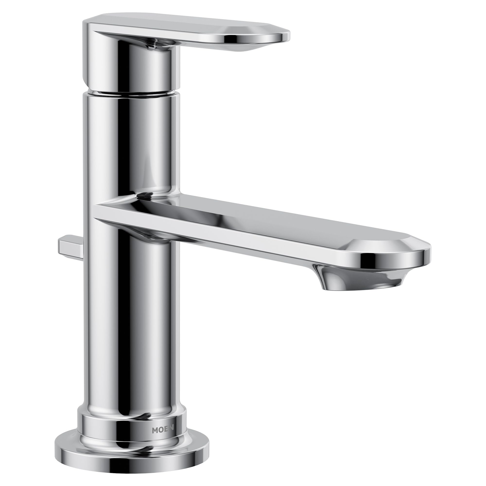Chrome single-handle bathroom sink faucet with cylindrical body, curved spout, and round base.