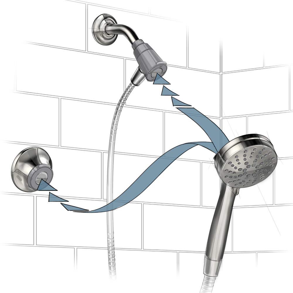 Moen Magnetix matte black showerhead with magnetic remote dock and handheld wand mounted on tile wall.