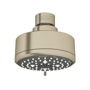 Brushed nickel circular showerhead with multiple spray jets and adjustment controls on the face.