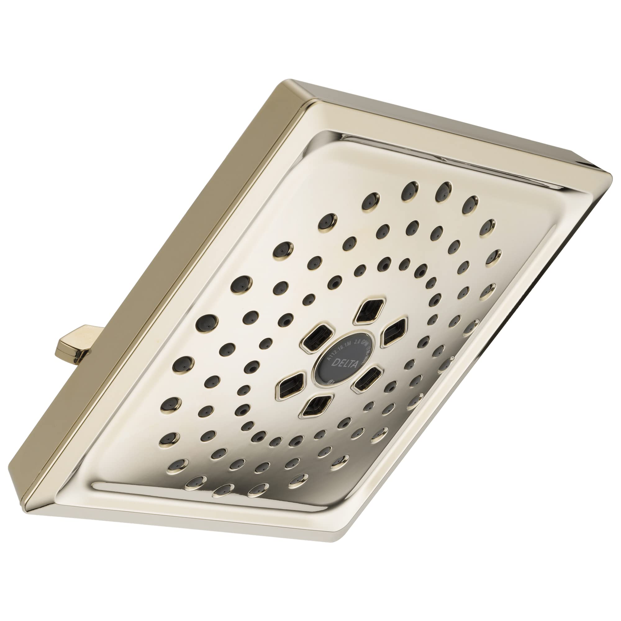 Square shower head with multiple spray holes and central control dial, brushed nickel finish.