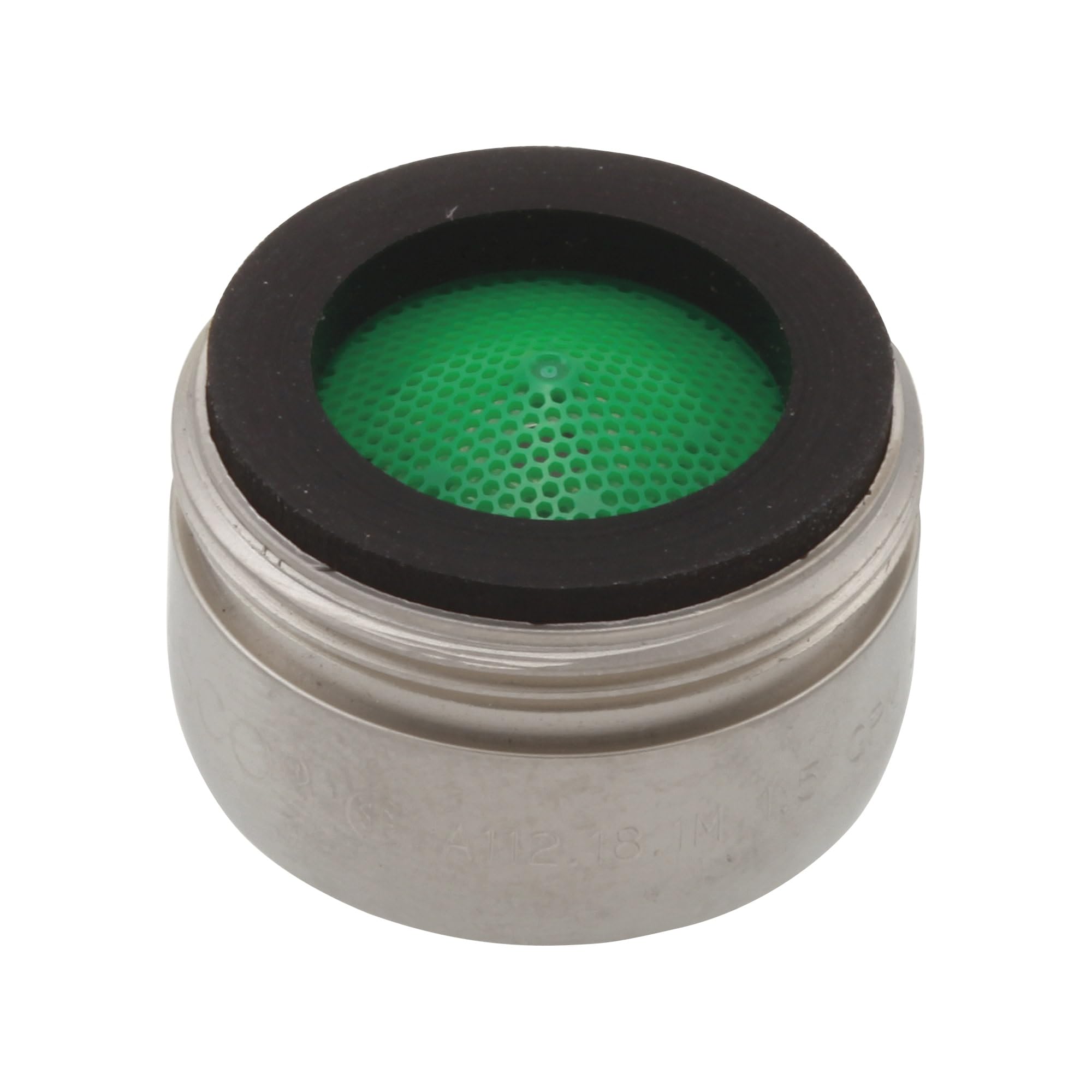 Stainless steel faucet aerator with black rubber ring and green perforated disk insert.