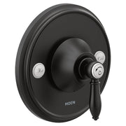 Moen Weymouth matte black shower valve trim with single lever handle and hot/cold indicator buttons.