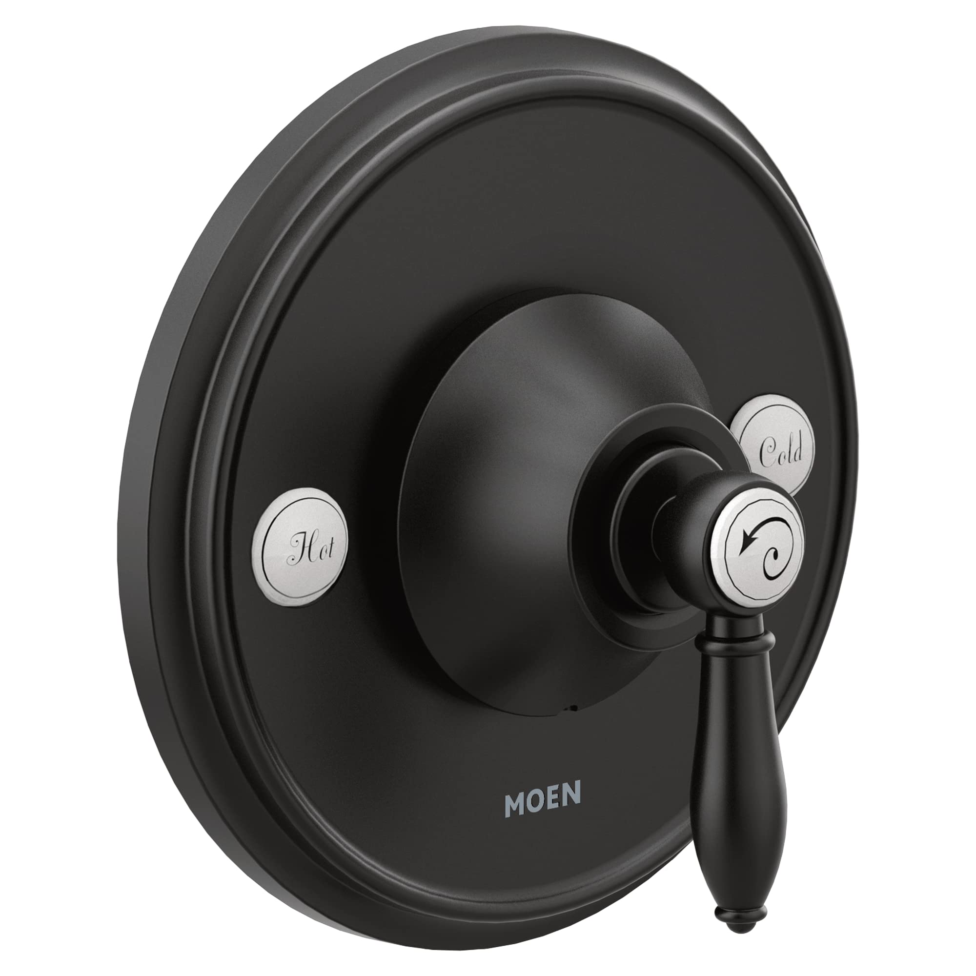 Moen Weymouth matte black shower valve trim with single lever handle and hot/cold indicator buttons.