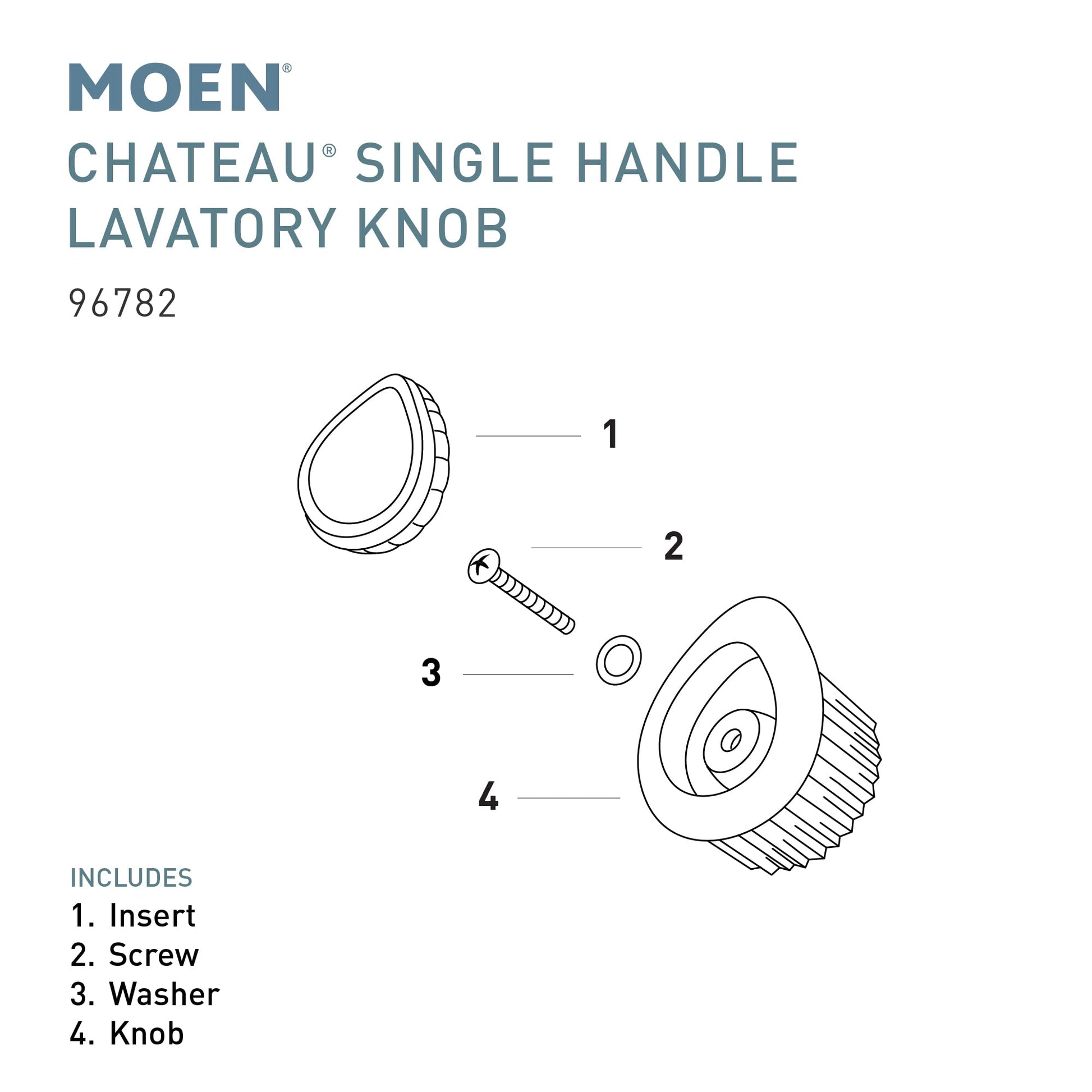 Clear knob handle kit for Moen Chateau single handle lavatory faucet, includes insert, screw, washer, and knob.
