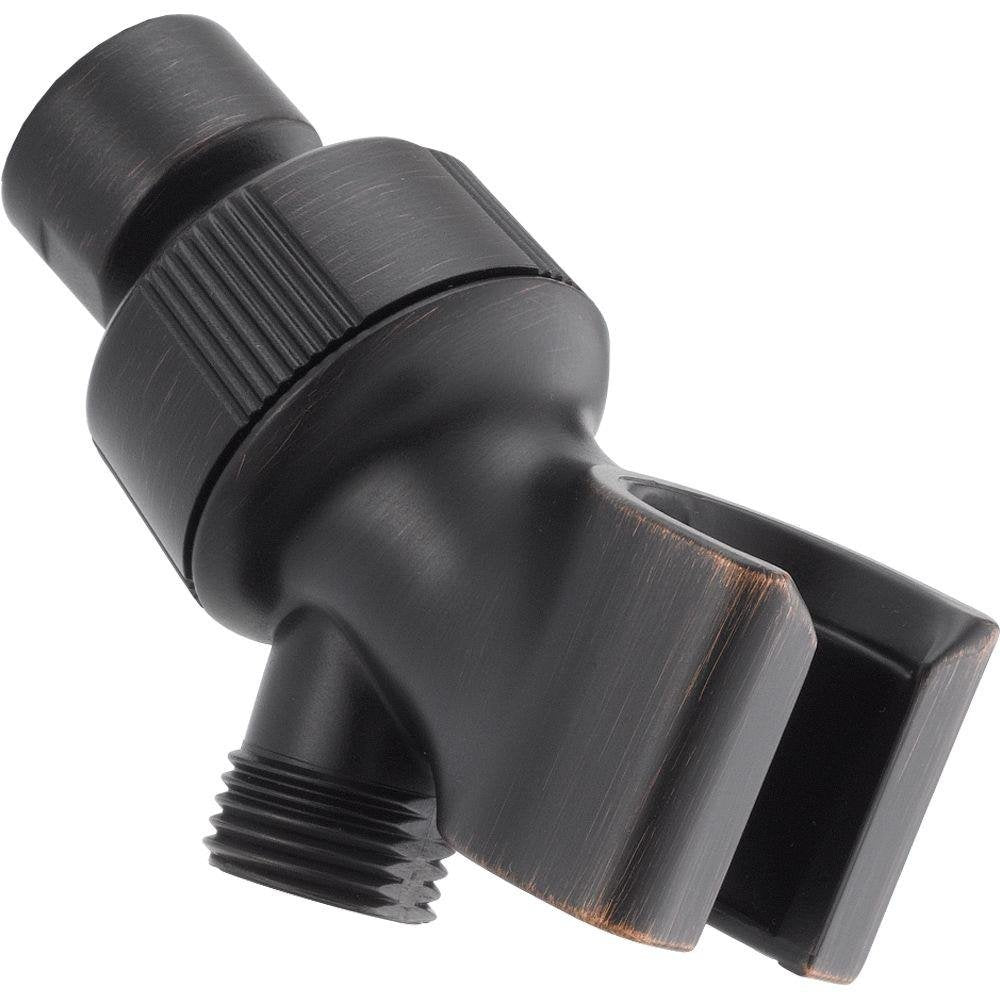 Brushed black metal shower arm mount with adjustable ball joint and threaded connector for hand shower attachment.