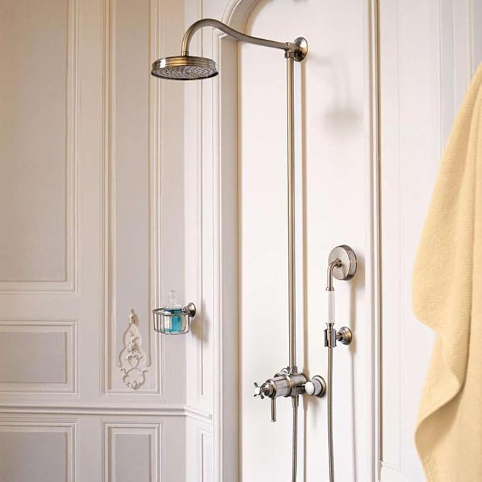 Brushed nickel shower basket mounted on wall below overhead rainfall showerhead and hand spray fixture.