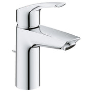 Chrome single-handle bathroom faucet with curved spout and cylindrical base.