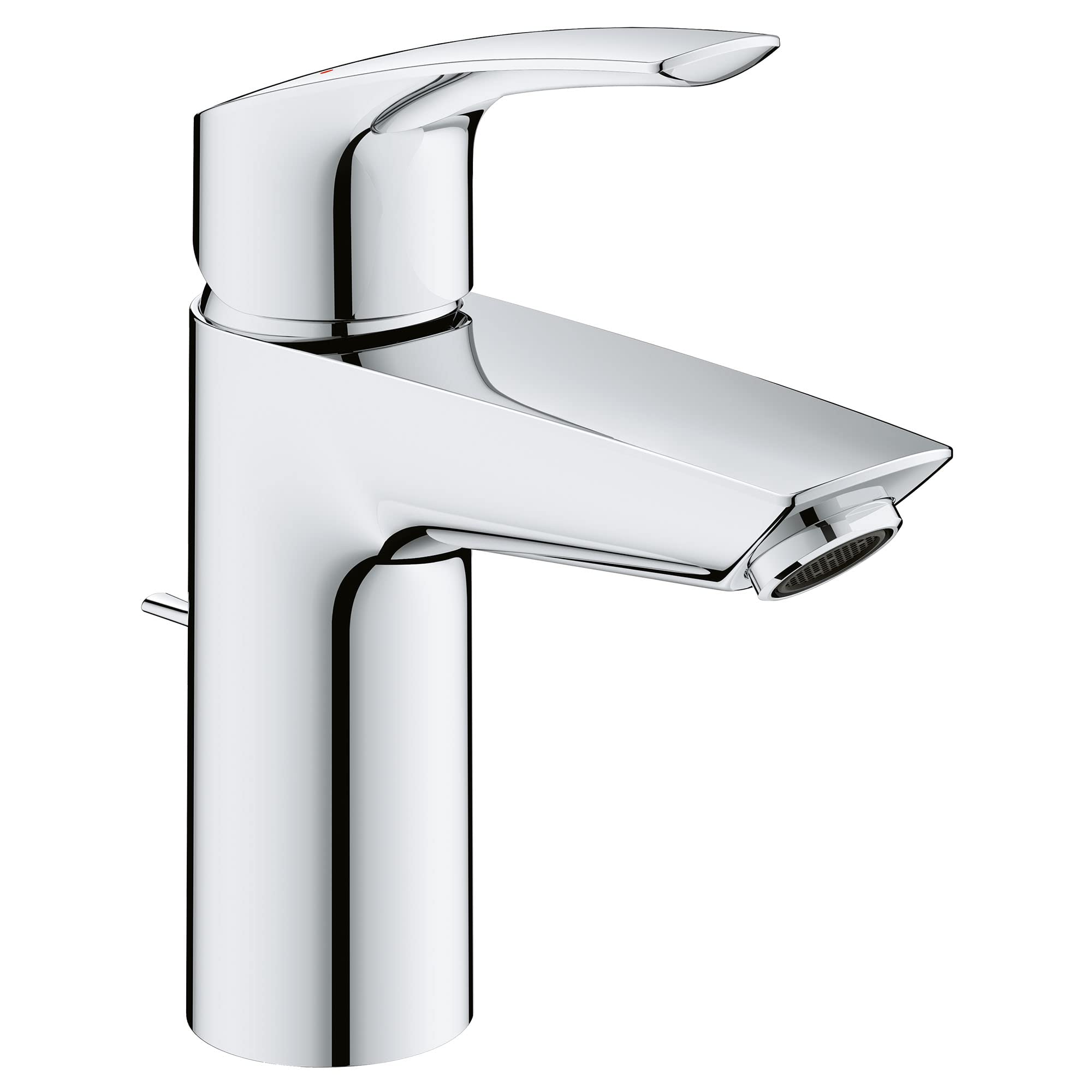 Polished chrome single-handle bathroom faucet with curved spout and rounded lever handle.