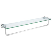 Chrome towel bar with clear glass shelf and round wall-mounted brackets.