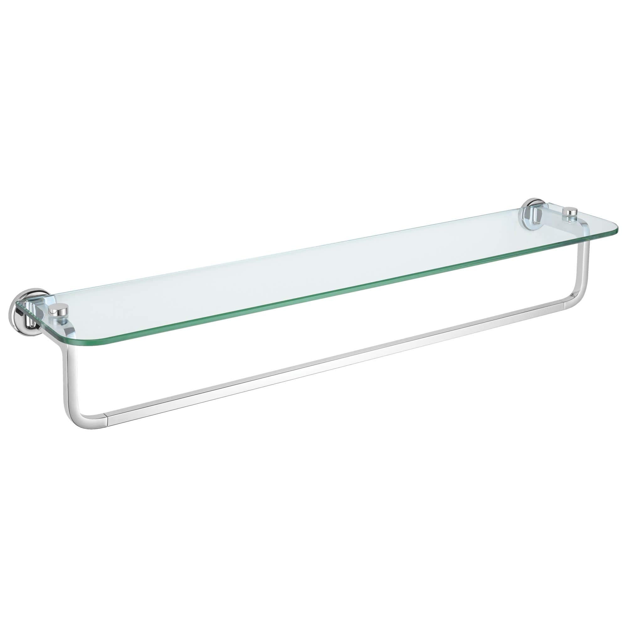 Chrome towel bar with clear glass shelf and round wall-mounted brackets.