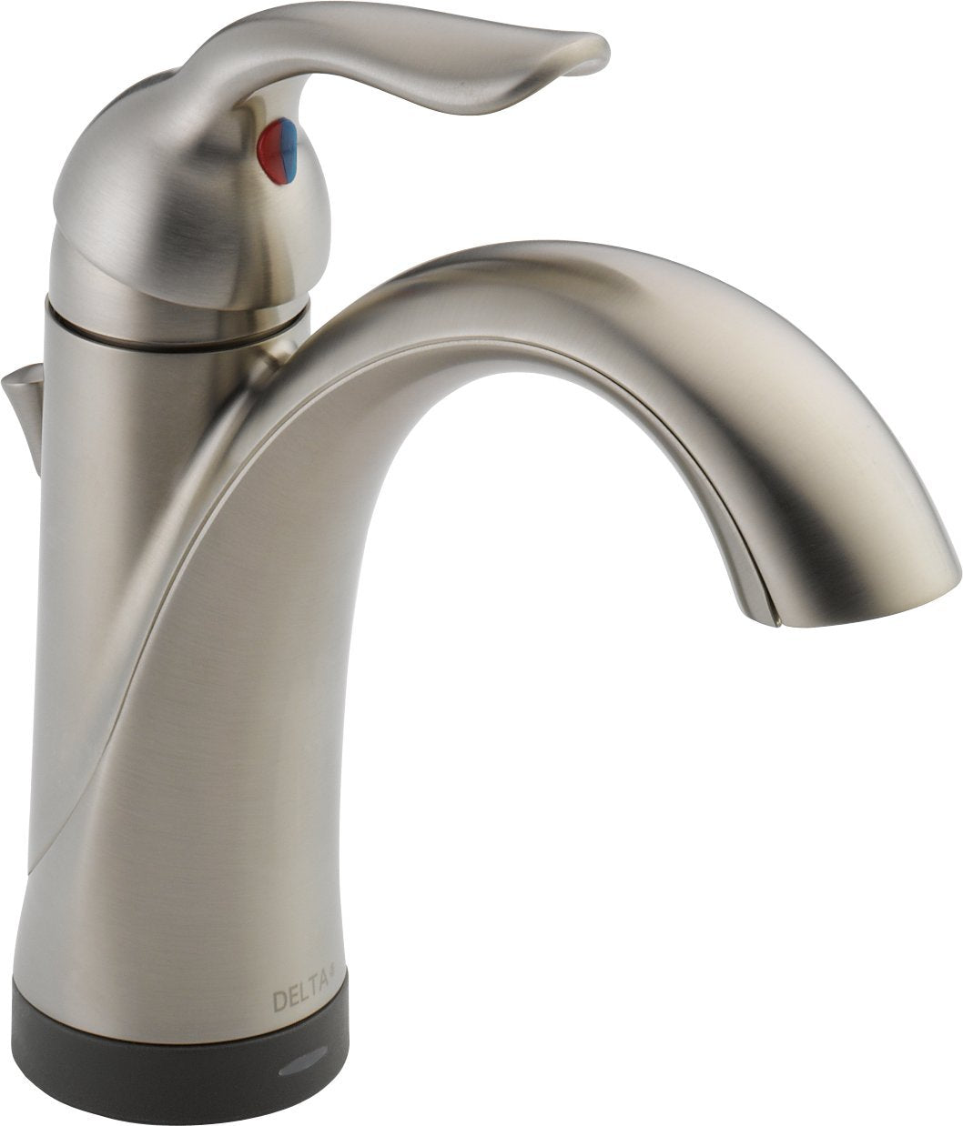 Brushed nickel single-handle bathroom faucet with curved spout and red and blue temperature indicator.